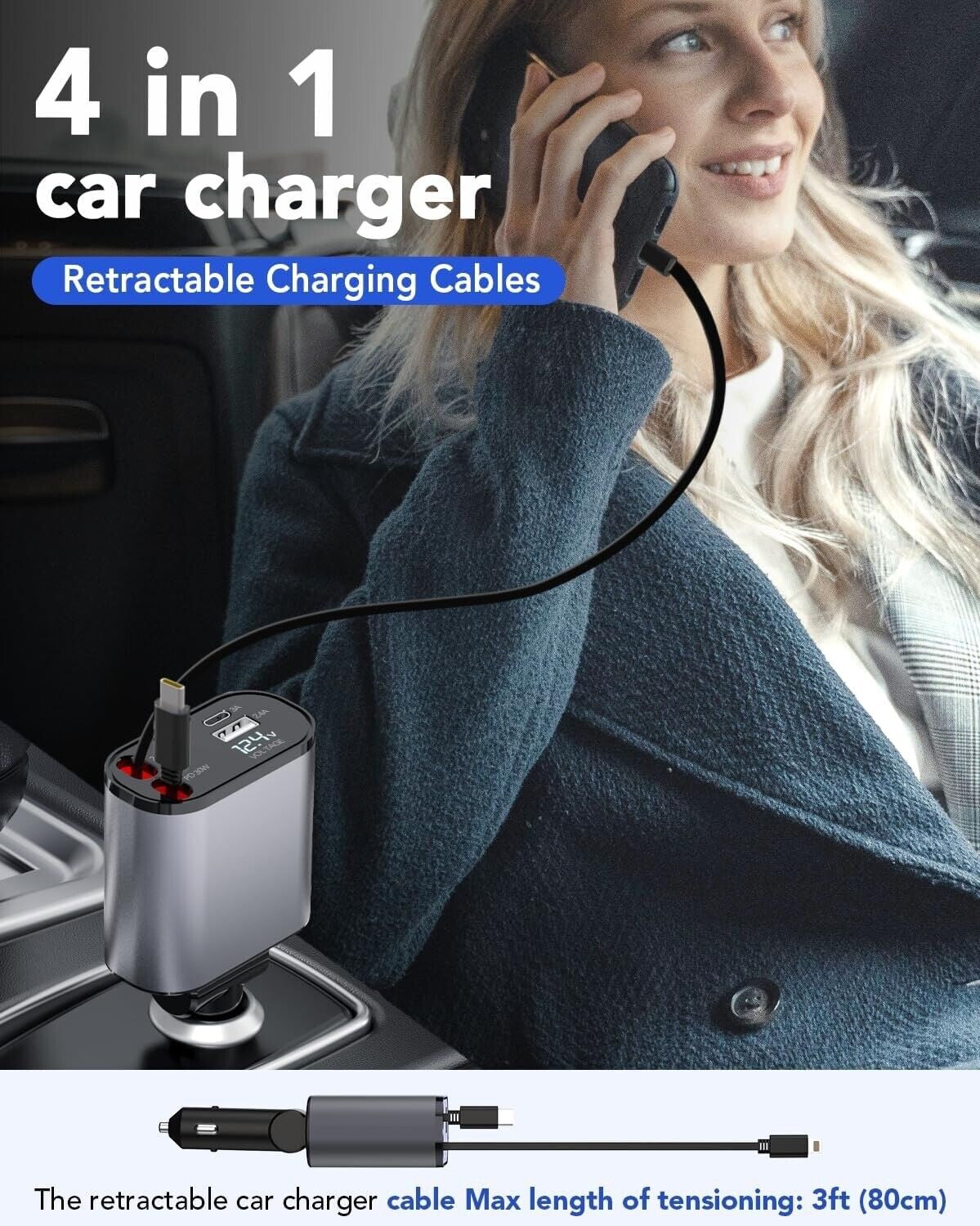 4 in 1 Retractable Car Charger Cable Dual Port USB-C PD Fast Charging Adapter