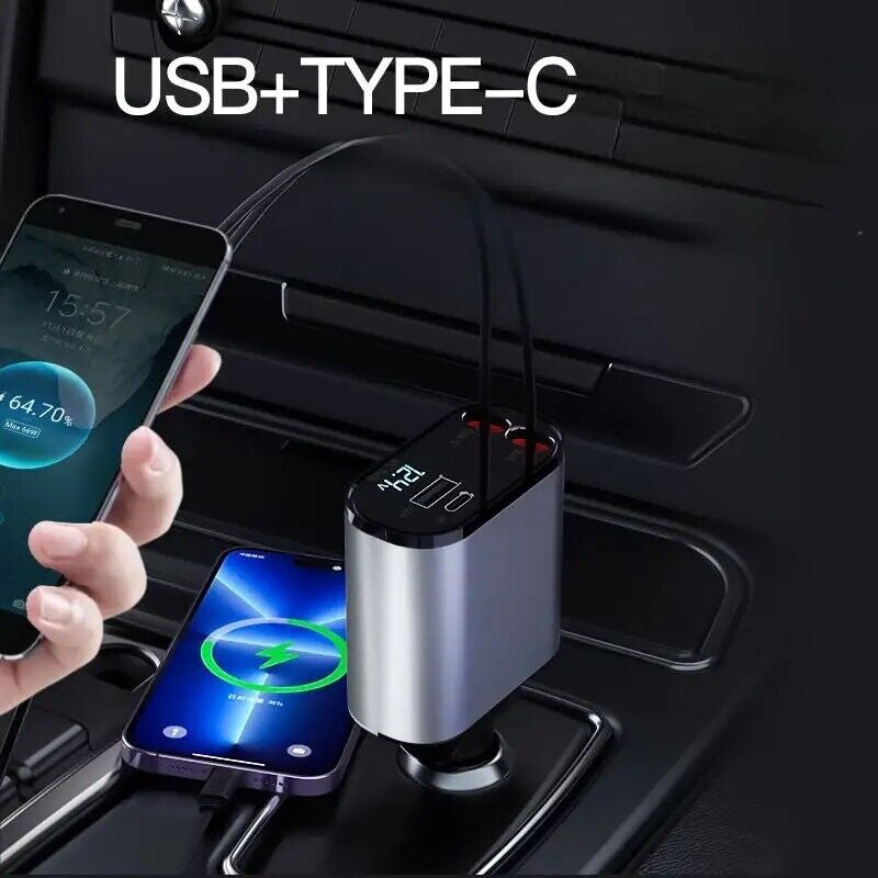 4 in 1 Retractable Car Charger Cable Dual Port USB-C PD Fast Charging Adapter