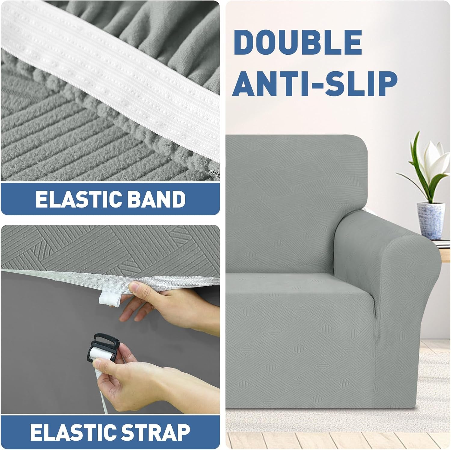 Loveseat Slipcovers, 1 Piece Stretch Couch Covers for 2 Cushion Furniture Protector with Elastic Bottom for Kids Pets Jacquard 2 Seater Sofa Cover (Loveseat, Light Grey)