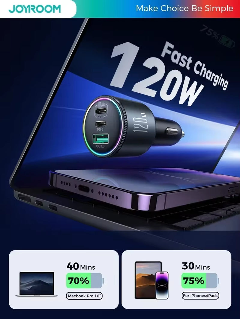 120W Car Charger USB C 3 Port Car Phone Charger Fast Charging Multiple Devices PD 100W&35W QC 3.0/4.0