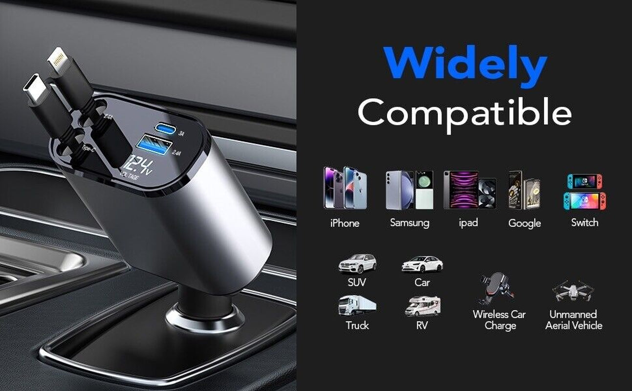 4 in 1 Retractable Car Charger Cable Dual Port USB-C PD Fast Charging Adapter