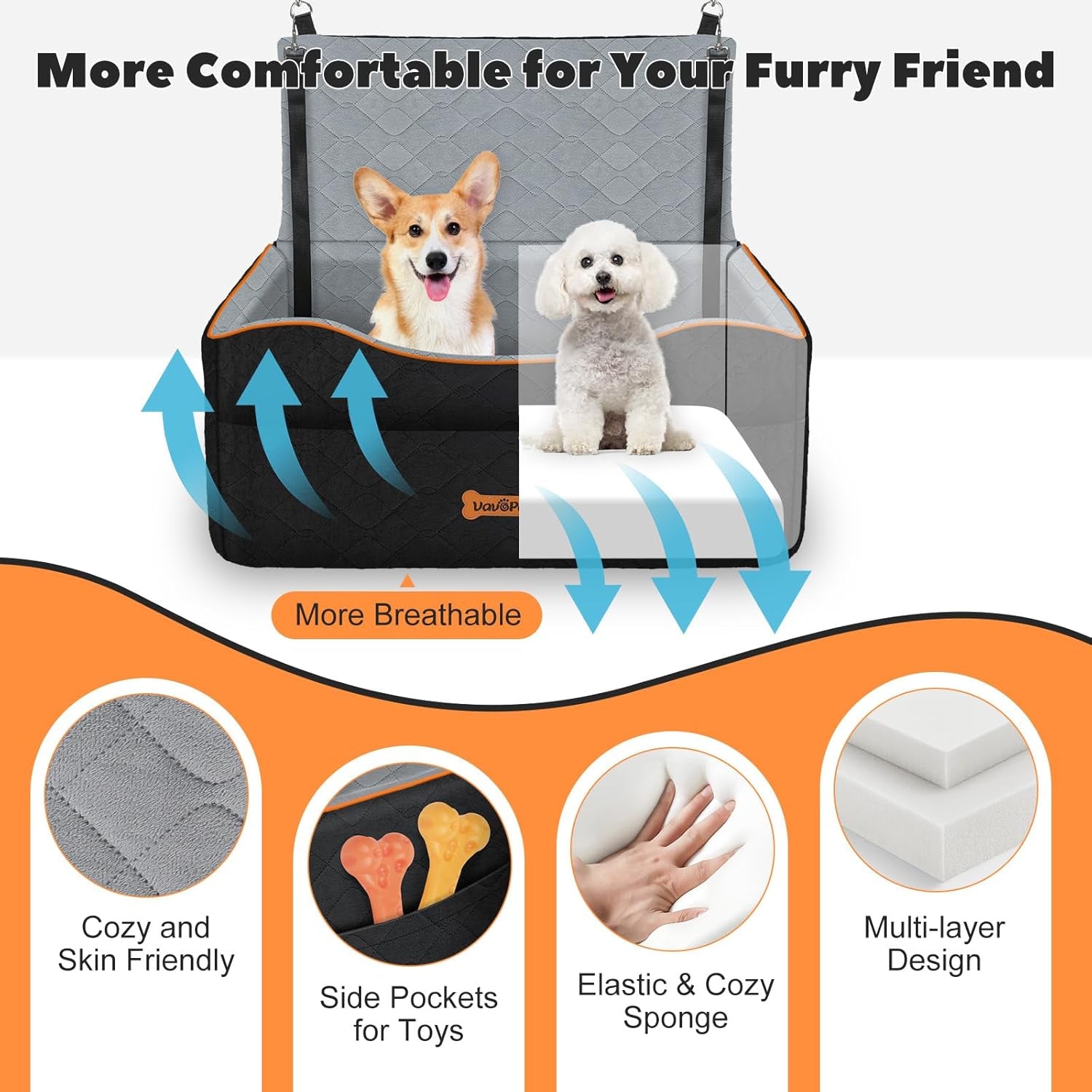 Car Seat for Large Medium Dog, Dog Booster Seats under 60Lbs or 2 Small Dogs Washable, Pet Car Seats with 2 Safety Leashes, Dogs Sofa Bed Cushion Add Thick Sponge, Pet Cars Carrier for Travel