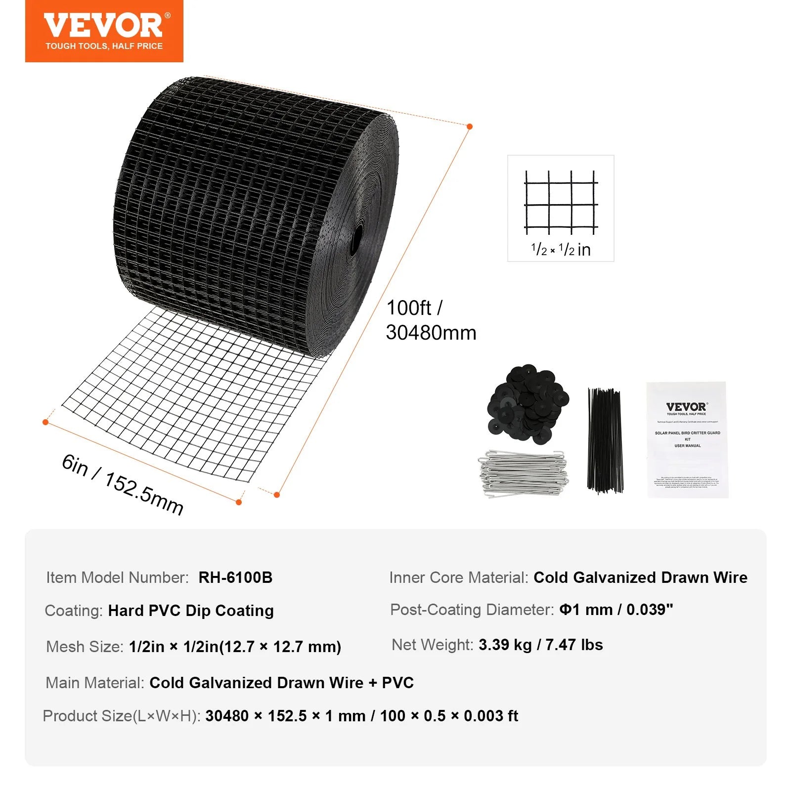 VEVOR 6 Inch X 100Ft Solar Panel Bird Guard, Critter Guard Roll Kit with 100Pcs Stainless Steel Fasteners, Solar Panel Guard with Rust-Proof PVC Coating, 1/2 Inch Wire Roll Mesh