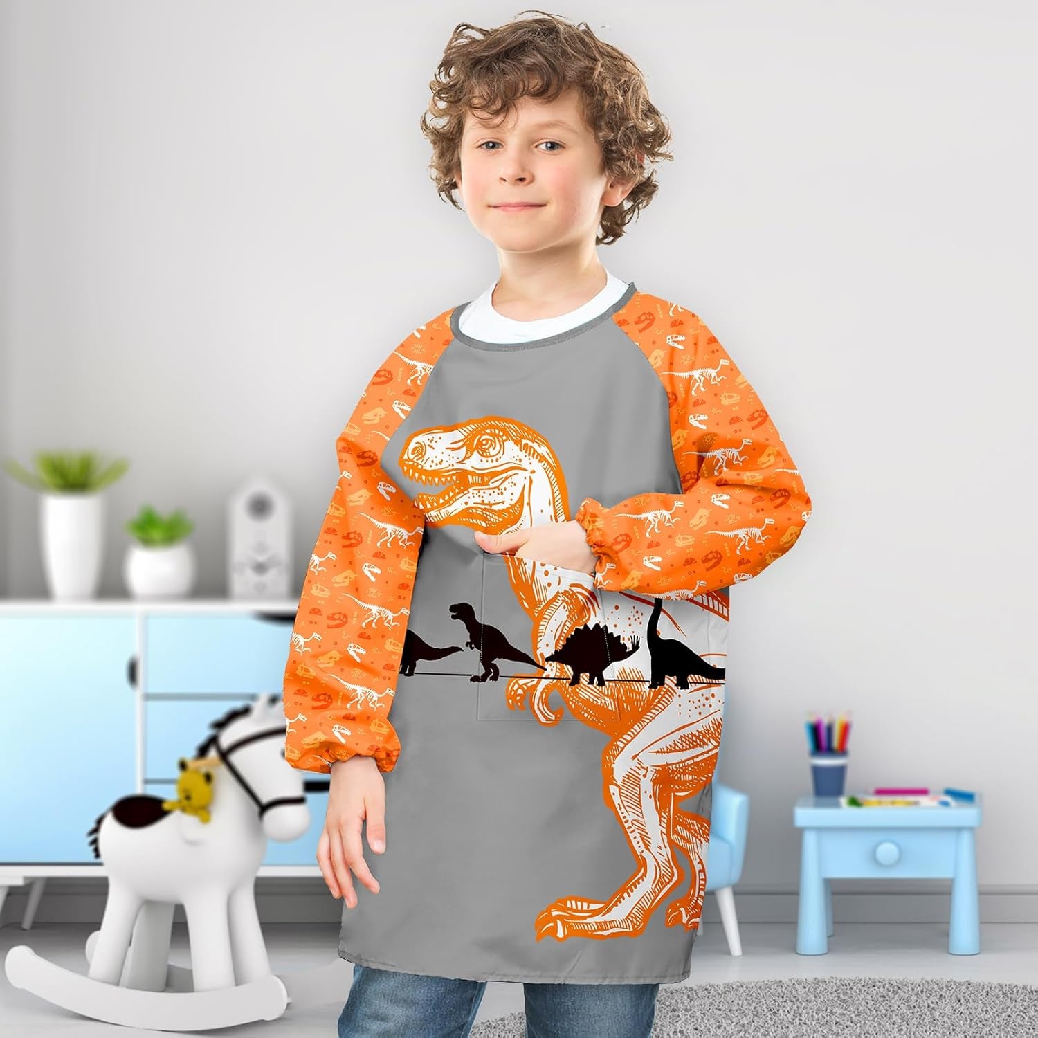 Kids Art Smocks Unicorn Waterproof Painting Smock for Girls Boys Long Sleeve Knee Length Artist Smock with Pocket (Yellow Dinosaur, 3-7 Years)