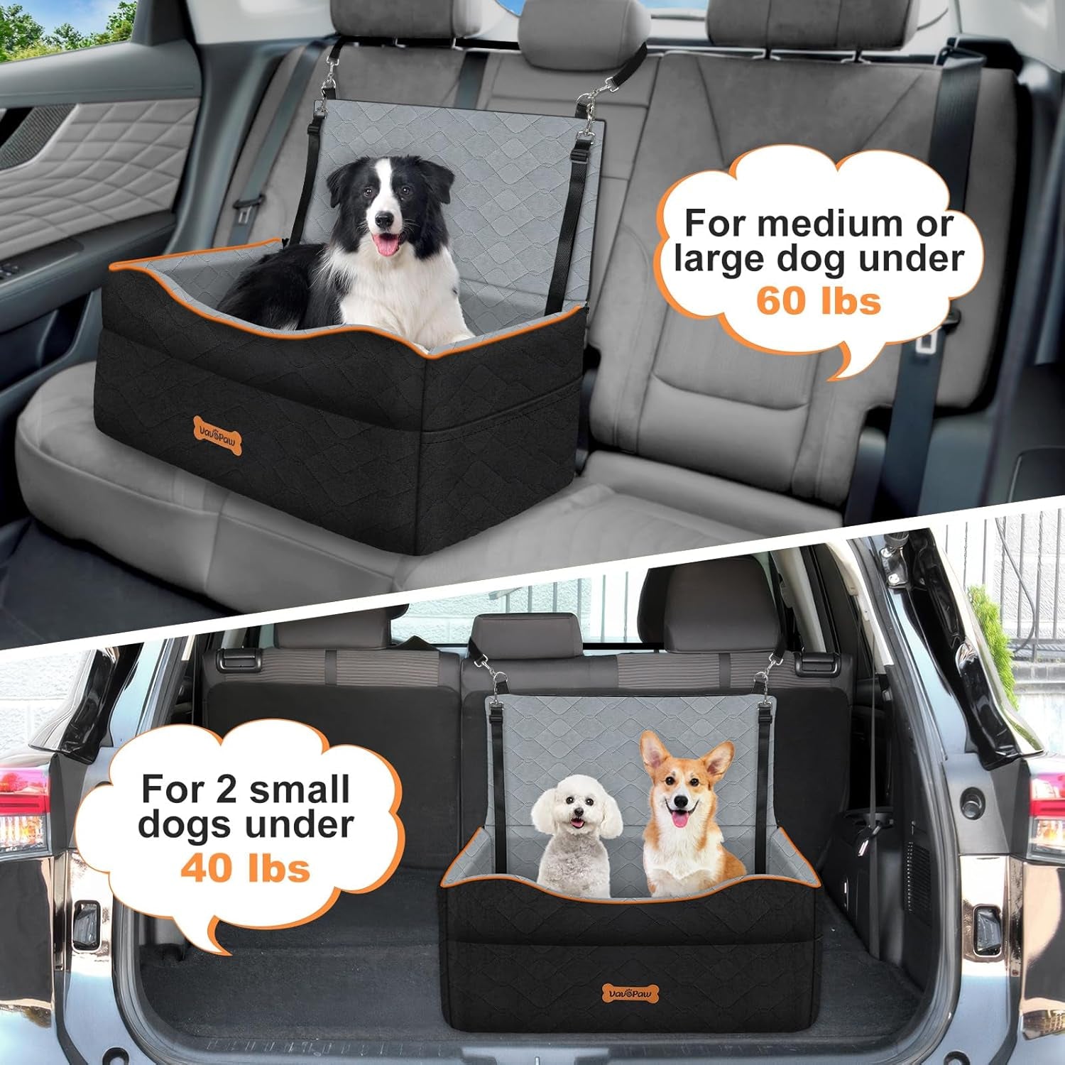Car Seat for Large Medium Dog, Dog Booster Seats under 60Lbs or 2 Small Dogs Washable, Pet Car Seats with 2 Safety Leashes, Dogs Sofa Bed Cushion Add Thick Sponge, Pet Cars Carrier for Travel