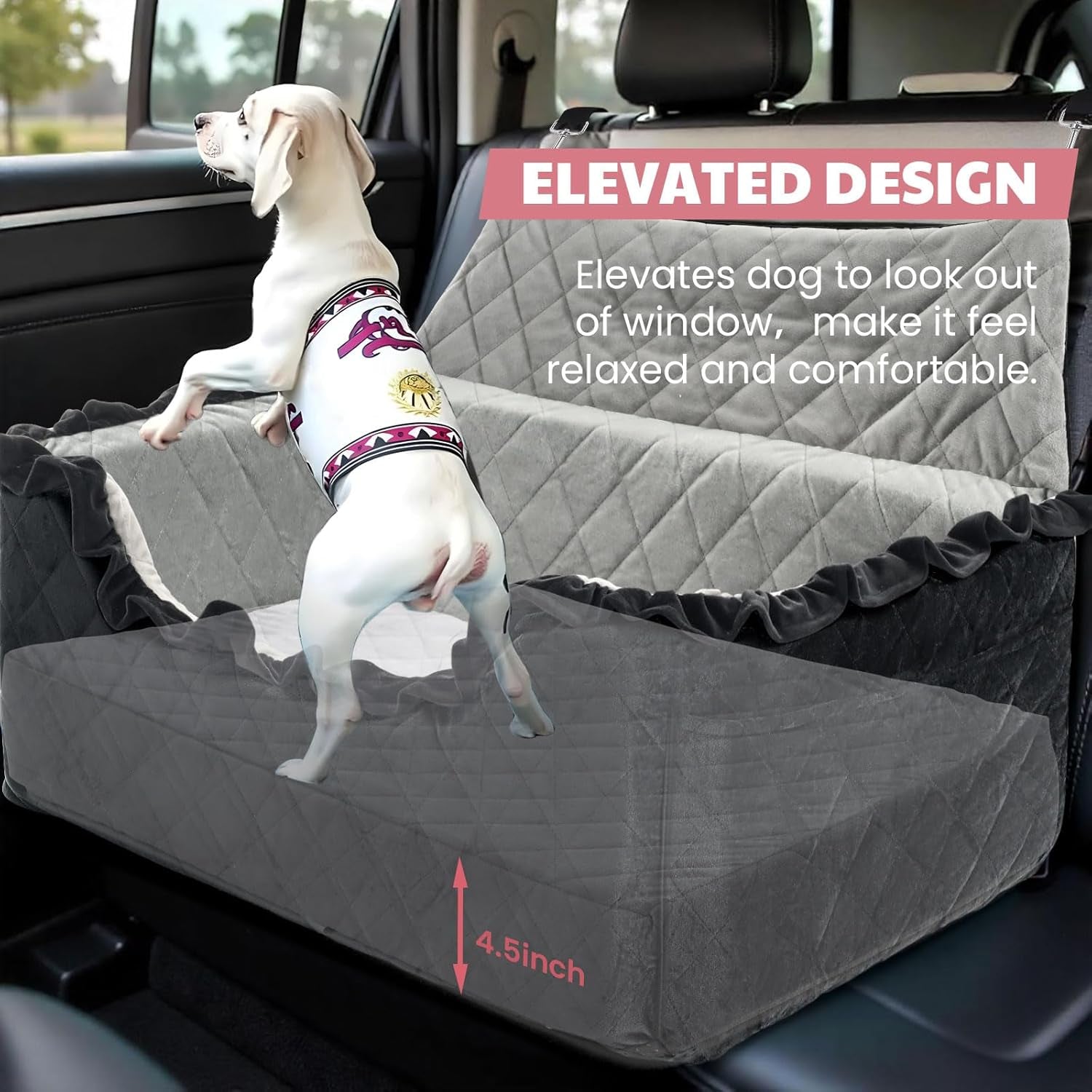 Dog Car Seat for Large/Medium Dogs, Dog Booster Seat for under 55Lbs or 2 Small Dogs, Non-Slip Removable and Washable Pet Car Seat,2 Safety Leashes, Travel Pet Bed, Black Flower