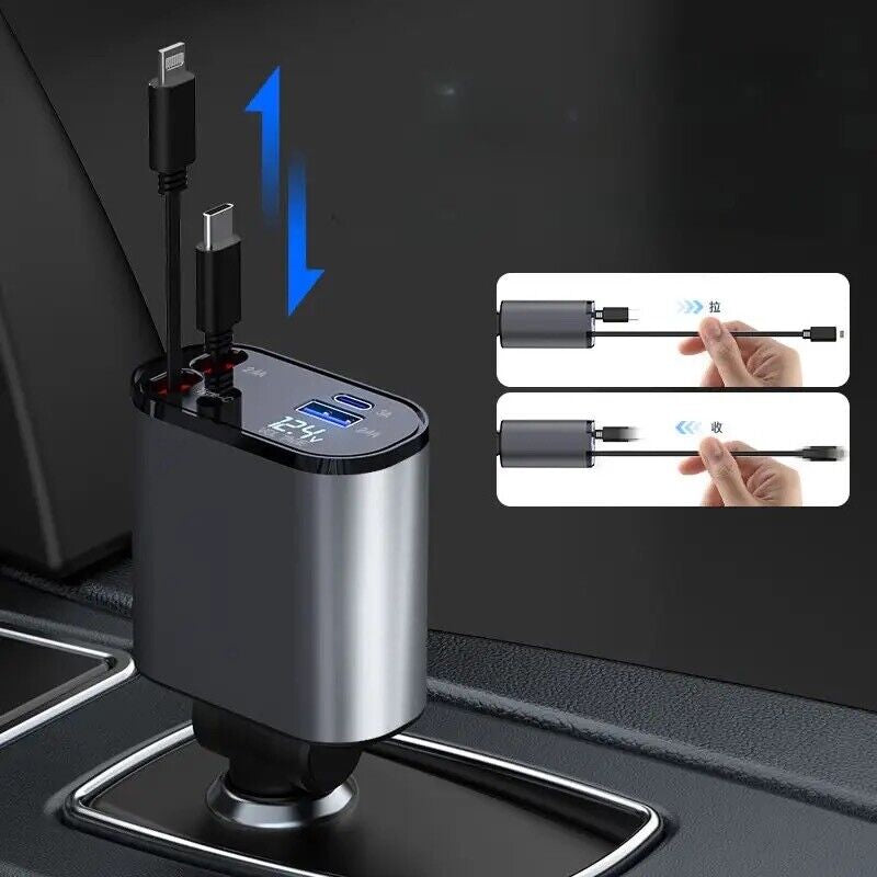 4 in 1 Retractable Car Charger Cable Dual Port USB-C PD Fast Charging Adapter
