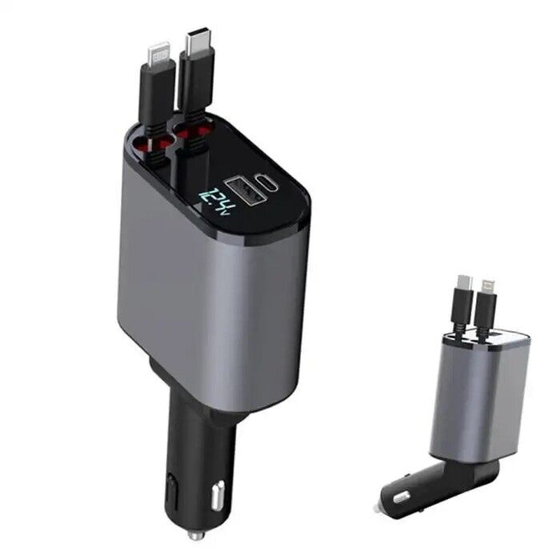 4 in 1 Retractable Car Charger Cable Dual Port USB-C PD Fast Charging Adapter