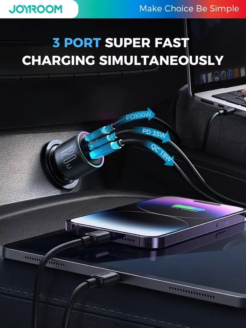 120W Car Charger USB C 3 Port Car Phone Charger Fast Charging Multiple Devices PD 100W&35W QC 3.0/4.0
