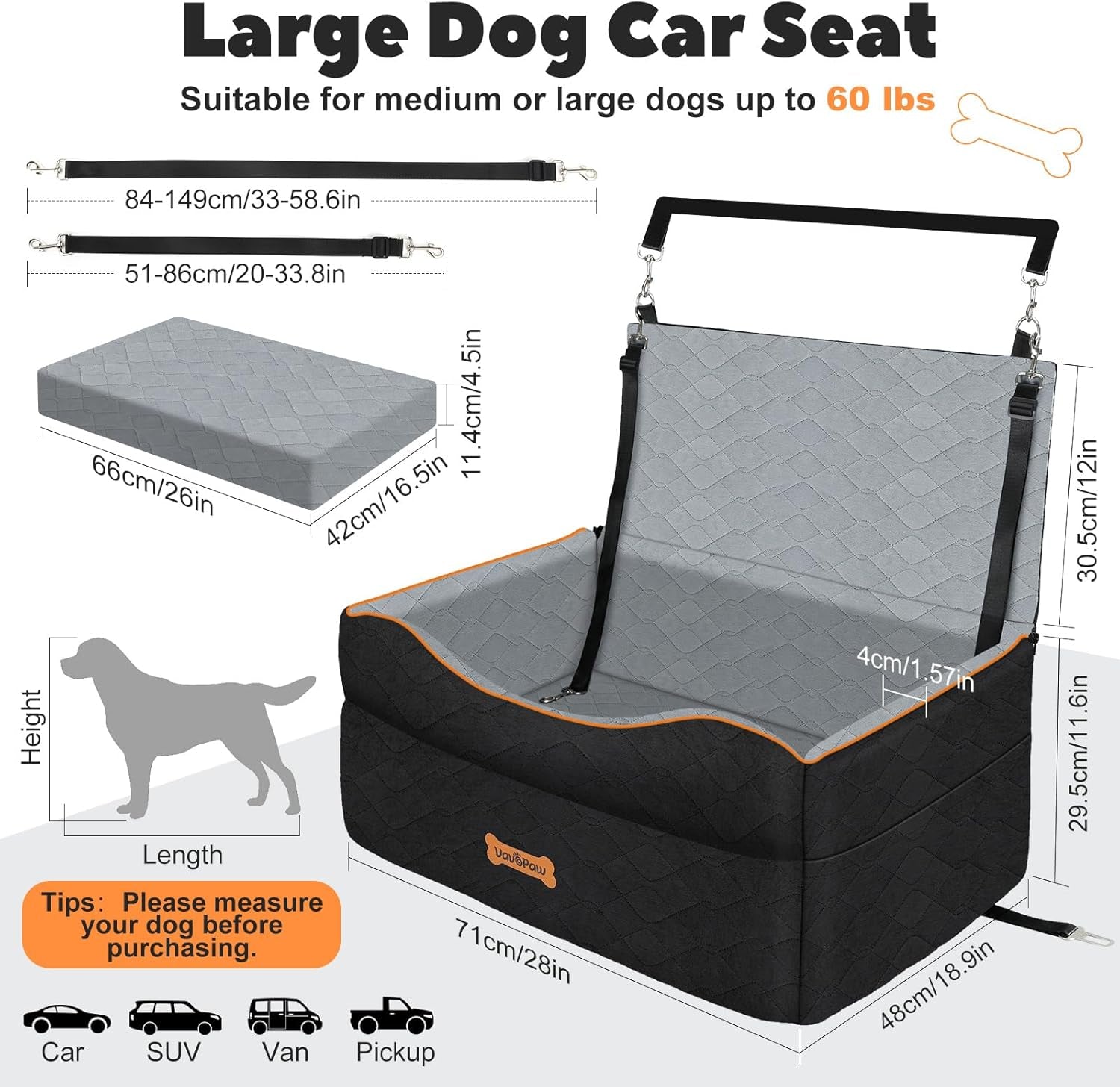 Car Seat for Large Medium Dog, Dog Booster Seats under 60Lbs or 2 Small Dogs Washable, Pet Car Seats with 2 Safety Leashes, Dogs Sofa Bed Cushion Add Thick Sponge, Pet Cars Carrier for Travel
