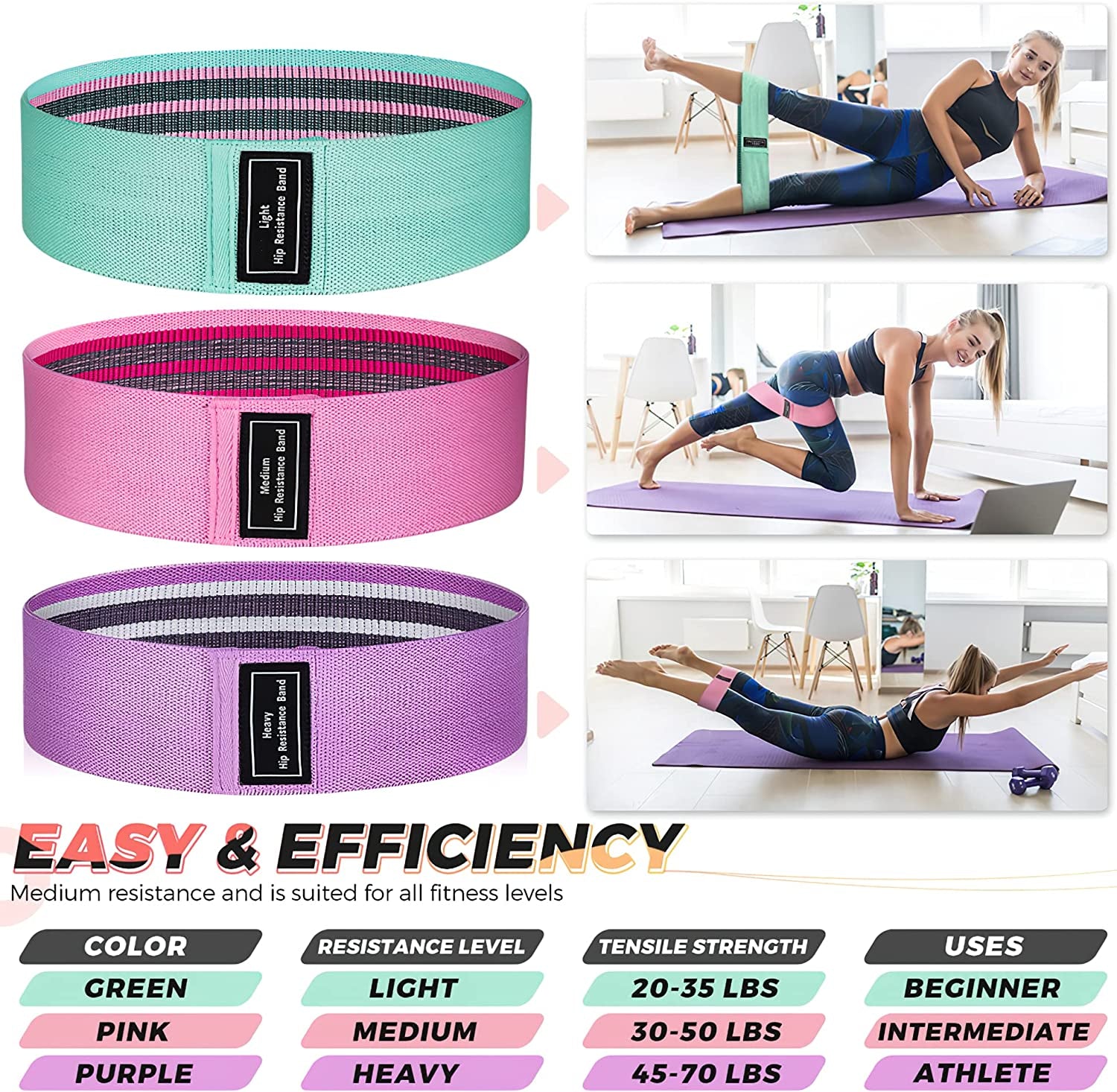 Resistance Bands, Exercise Workout Bands for Women and Men, 3 Set of Stretch Bands for Booty Legs for Yoga Starter, Pilates Flexbands