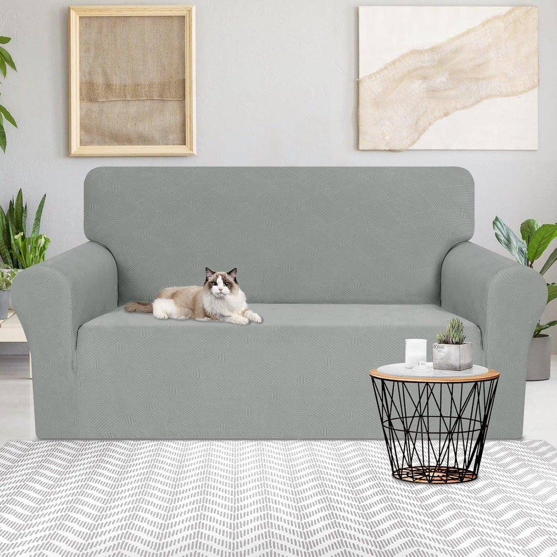 Loveseat Slipcovers, 1 Piece Stretch Couch Covers for 2 Cushion Furniture Protector with Elastic Bottom for Kids Pets Jacquard 2 Seater Sofa Cover (Loveseat, Light Grey)