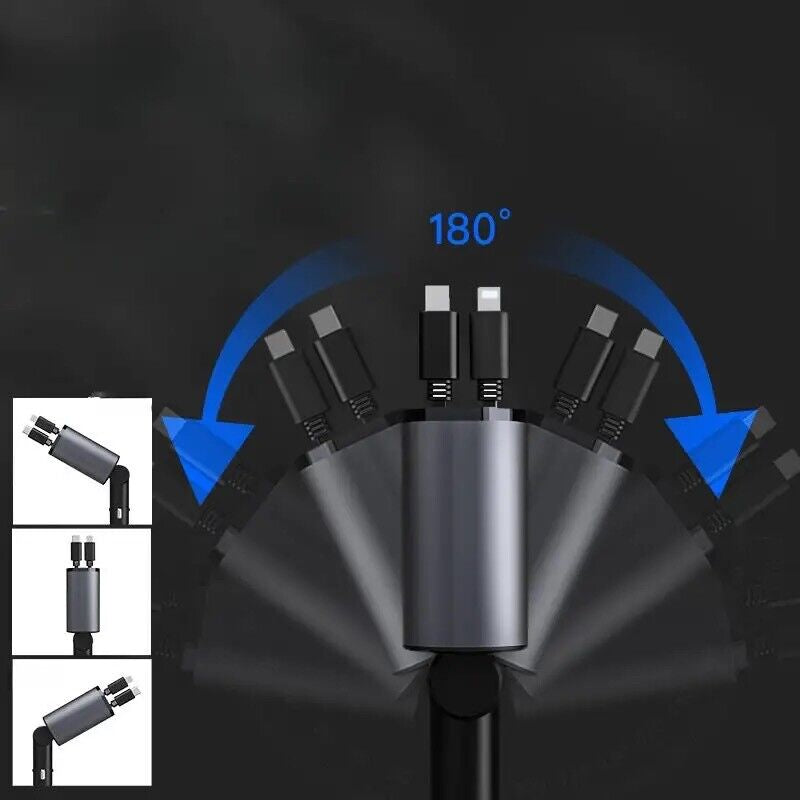 4 in 1 Retractable Car Charger Cable Dual Port USB-C PD Fast Charging Adapter