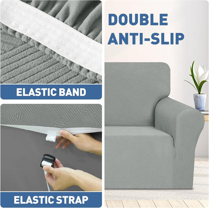 Loveseat Slipcovers, 1 Piece Stretch Couch Covers for 2 Cushion Furniture Protector with Elastic Bottom for Kids Pets Jacquard 2 Seater Sofa Cover (Loveseat, Light Grey)