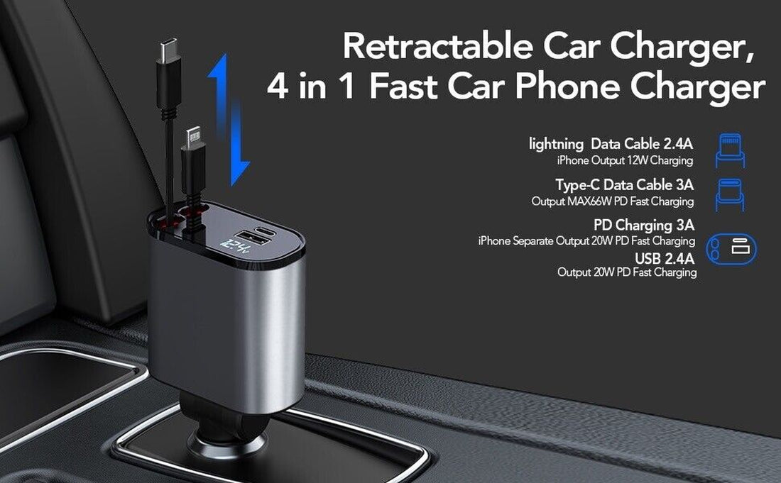 4 in 1 Retractable Car Charger Cable Dual Port USB-C PD Fast Charging Adapter