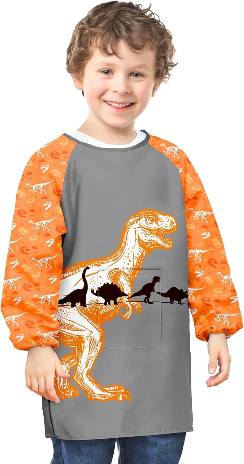 Kids Art Smocks Unicorn Waterproof Painting Smock for Girls Boys Long Sleeve Knee Length Artist Smock with Pocket (Yellow Dinosaur, 3-7 Years)