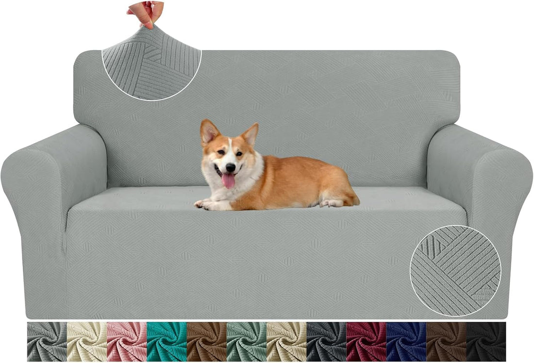 Loveseat Slipcovers, 1 Piece Stretch Couch Covers for 2 Cushion Furniture Protector with Elastic Bottom for Kids Pets Jacquard 2 Seater Sofa Cover (Loveseat, Light Grey)