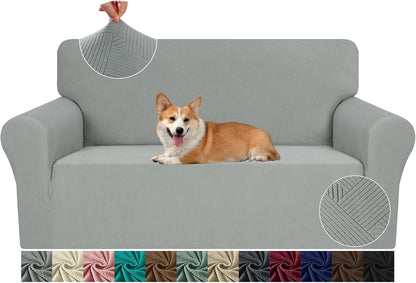 Loveseat Slipcovers, 1 Piece Stretch Couch Covers for 2 Cushion Furniture Protector with Elastic Bottom for Kids Pets Jacquard 2 Seater Sofa Cover (Loveseat, Light Grey)