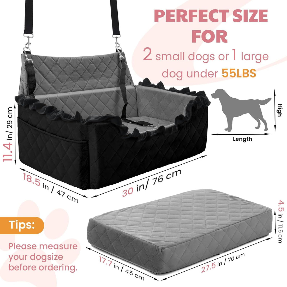 Dog Car Seat for Large/Medium Dogs, Dog Booster Seat for under 55Lbs or 2 Small Dogs, Non-Slip Removable and Washable Pet Car Seat,2 Safety Leashes, Travel Pet Bed, Black Flower