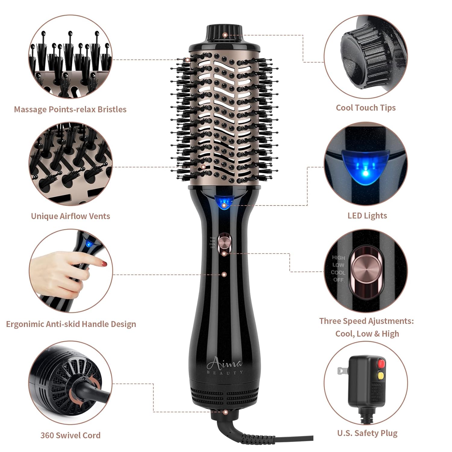 One Step Hair Dryer &amp; Volumizing Hot Air Brush, Blow Dryer, Ceramic Straightener, Curler &amp; Hot Comb 4 in 1 Salon Ionic Brush, Hair Styling Tools, Black
