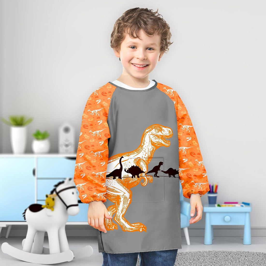 Kids Art Smocks Unicorn Waterproof Painting Smock for Girls Boys Long Sleeve Knee Length Artist Smock with Pocket (Yellow Dinosaur, 3-7 Years)