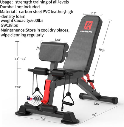 Adjustable Weight Bench,Utility Workout Bench Foldable Incline Decline Benches for Home Gym Full Body Workout,Load 600LBS
