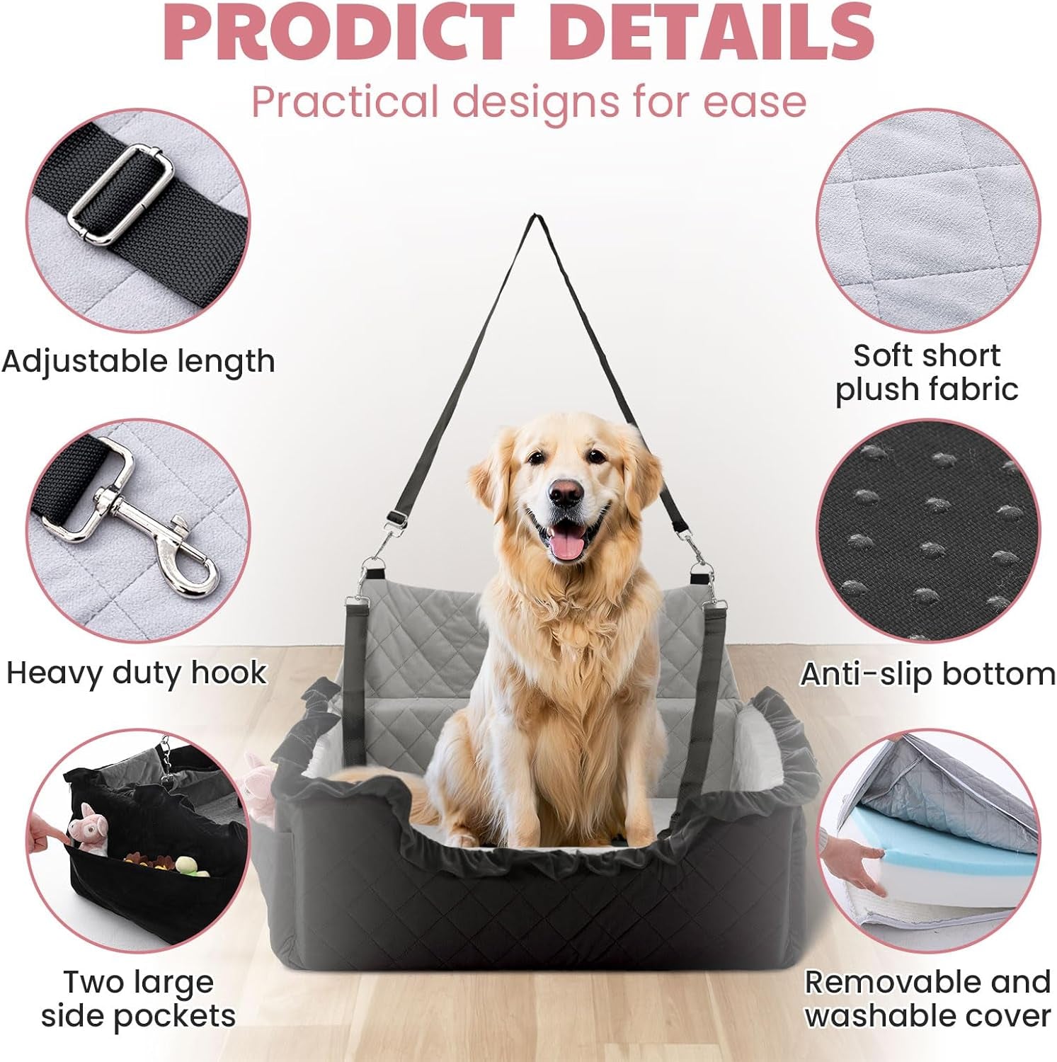 Dog Car Seat for Large/Medium Dogs, Dog Booster Seat for under 55Lbs or 2 Small Dogs, Non-Slip Removable and Washable Pet Car Seat,2 Safety Leashes, Travel Pet Bed, Black Flower