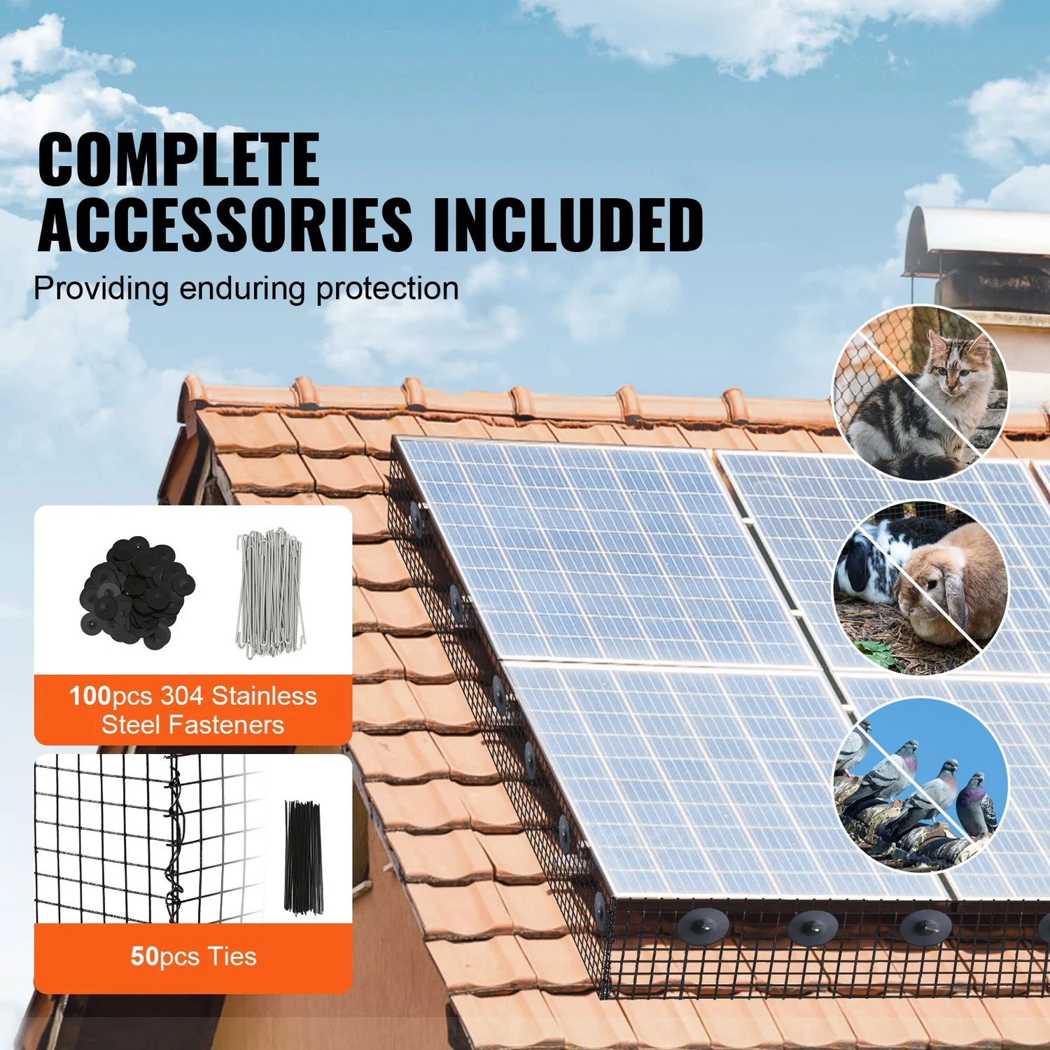 VEVOR 6 Inch X 100Ft Solar Panel Bird Guard, Critter Guard Roll Kit with 100Pcs Stainless Steel Fasteners, Solar Panel Guard with Rust-Proof PVC Coating, 1/2 Inch Wire Roll Mesh