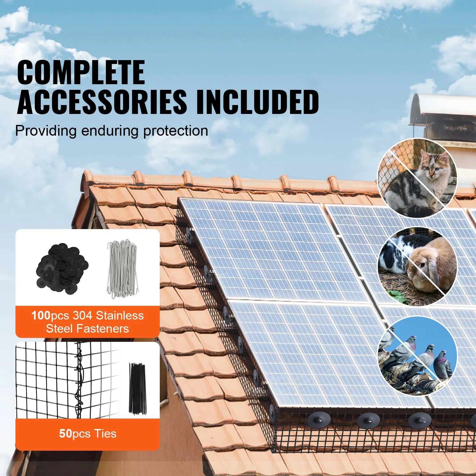 VEVOR 6 Inch X 100Ft Solar Panel Bird Guard, Critter Guard Roll Kit with 100Pcs Stainless Steel Fasteners, Solar Panel Guard with Rust-Proof PVC Coating, 1/2 Inch Wire Roll Mesh