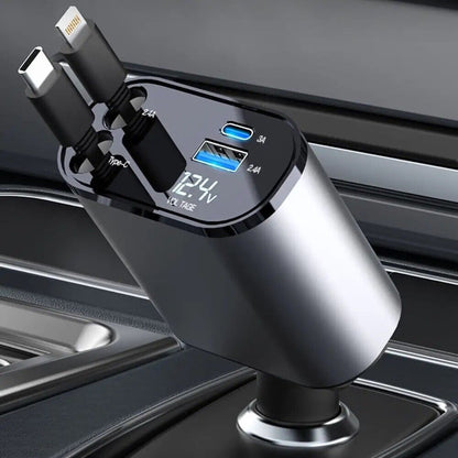 4 in 1 Retractable Car Charger Cable Dual Port USB-C PD Fast Charging Adapter
