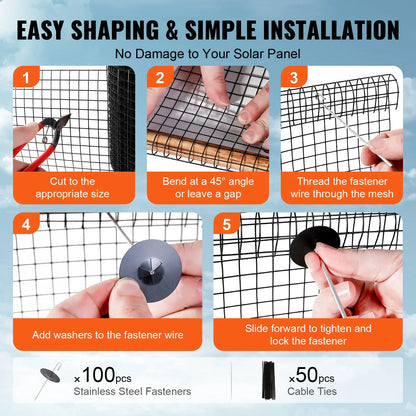 VEVOR 6 Inch X 100Ft Solar Panel Bird Guard, Critter Guard Roll Kit with 100Pcs Stainless Steel Fasteners, Solar Panel Guard with Rust-Proof PVC Coating, 1/2 Inch Wire Roll Mesh