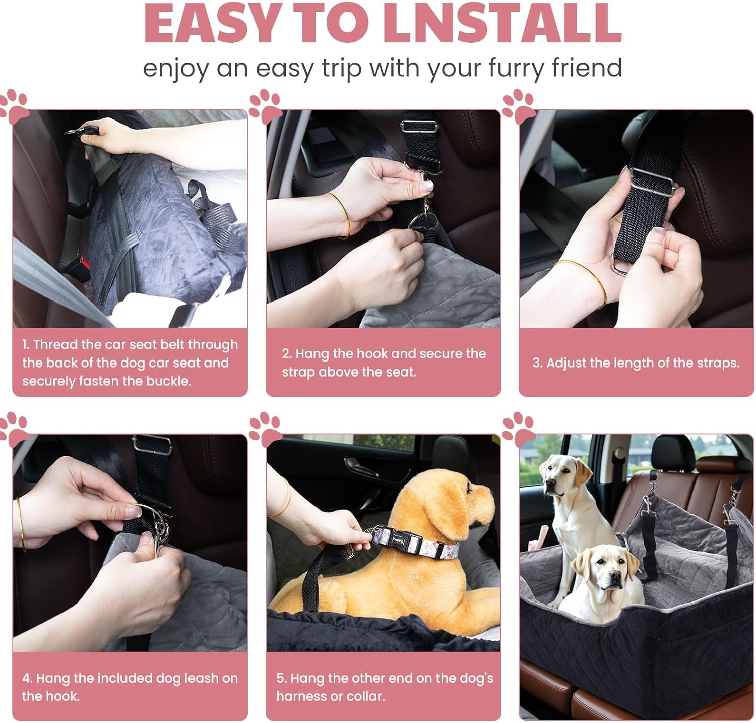 Dog Car Seat for Large/Medium Dogs, Dog Booster Seat for under 55Lbs or 2 Small Dogs, Non-Slip Removable and Washable Pet Car Seat,2 Safety Leashes, Travel Pet Bed, Black Flower