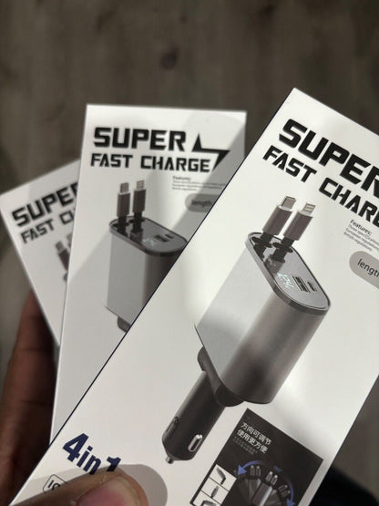 4 in 1 Retractable Car Charger Cable Dual Port USB-C PD Fast Charging Adapter