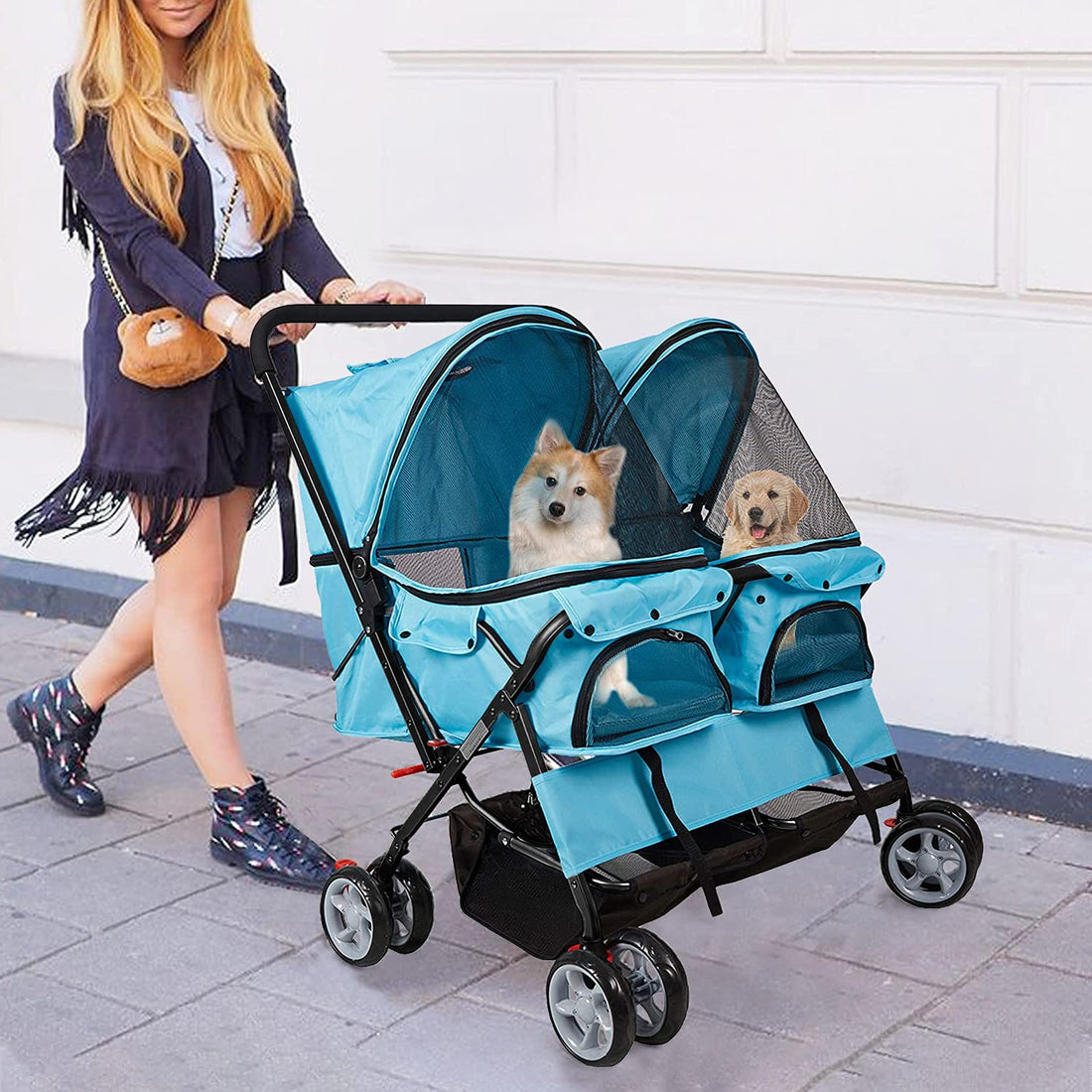 Double Pet Stroller Foldable Doggy Stroller Two-Seater Carrier Strolling Cart for Dog Cat and More Multiple Colors Blue