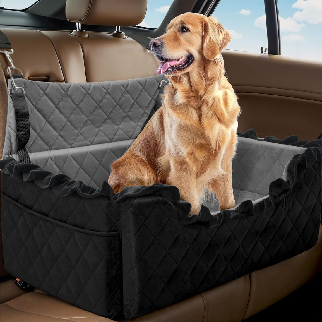 Dog Car Seat for Large/Medium Dogs, Dog Booster Seat for under 55Lbs or 2 Small Dogs, Non-Slip Removable and Washable Pet Car Seat,2 Safety Leashes, Travel Pet Bed, Black Flower