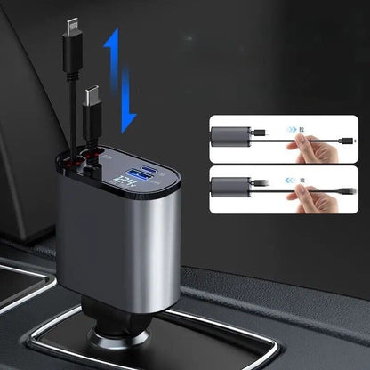 4 in 1 Retractable Car Charger Cable Dual Port USB-C PD Fast Charging Adapter