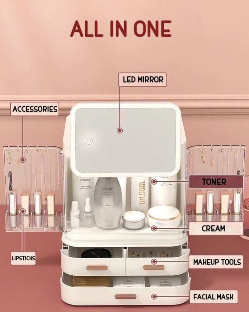 All-In-One Organizer with Led Mirror for Makeup Skincare &amp; Accessories