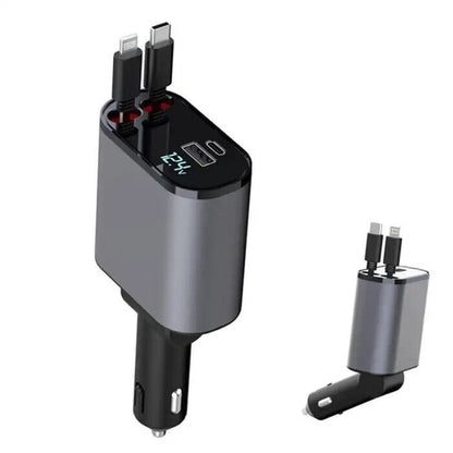 4 in 1 Retractable Car Charger Cable Dual Port USB-C PD Fast Charging Adapter