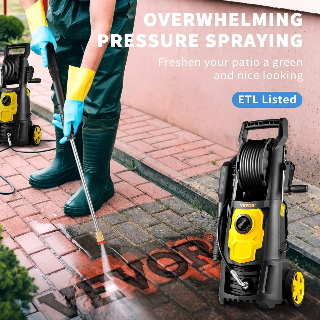 VEVOR Electric Pressure Washer, 2000 PSI, Max 1.65 GPM Power Washer W/ 30 Ft Hose &amp; Reel, 5 Quick Connect Nozzles, Foam Cannon, Portable to Clean Patios, Cars, Fences, Driveways, ETL Listed
