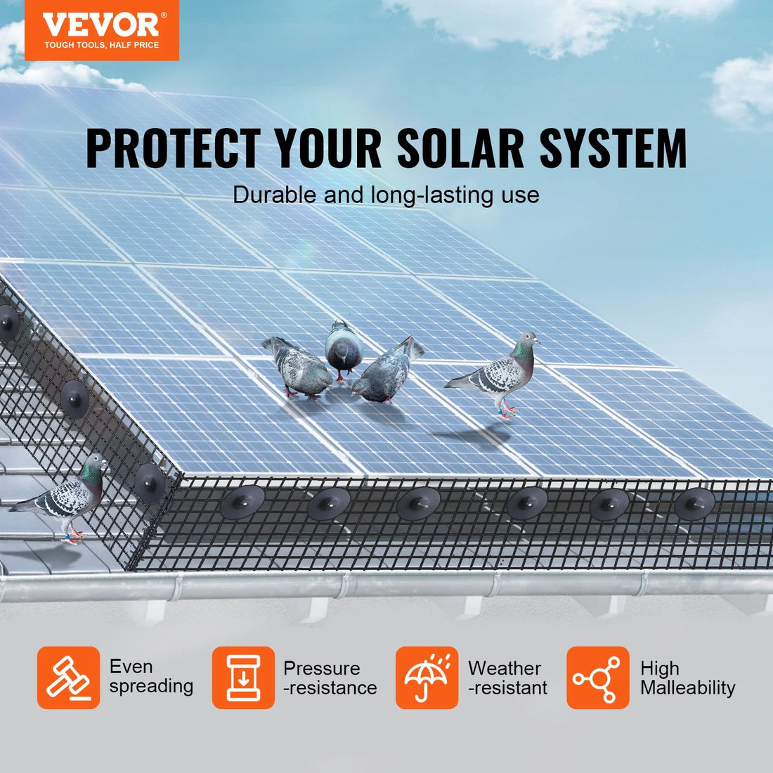 VEVOR 6 Inch X 100Ft Solar Panel Bird Guard, Critter Guard Roll Kit with 100Pcs Stainless Steel Fasteners, Solar Panel Guard with Rust-Proof PVC Coating, 1/2 Inch Wire Roll Mesh