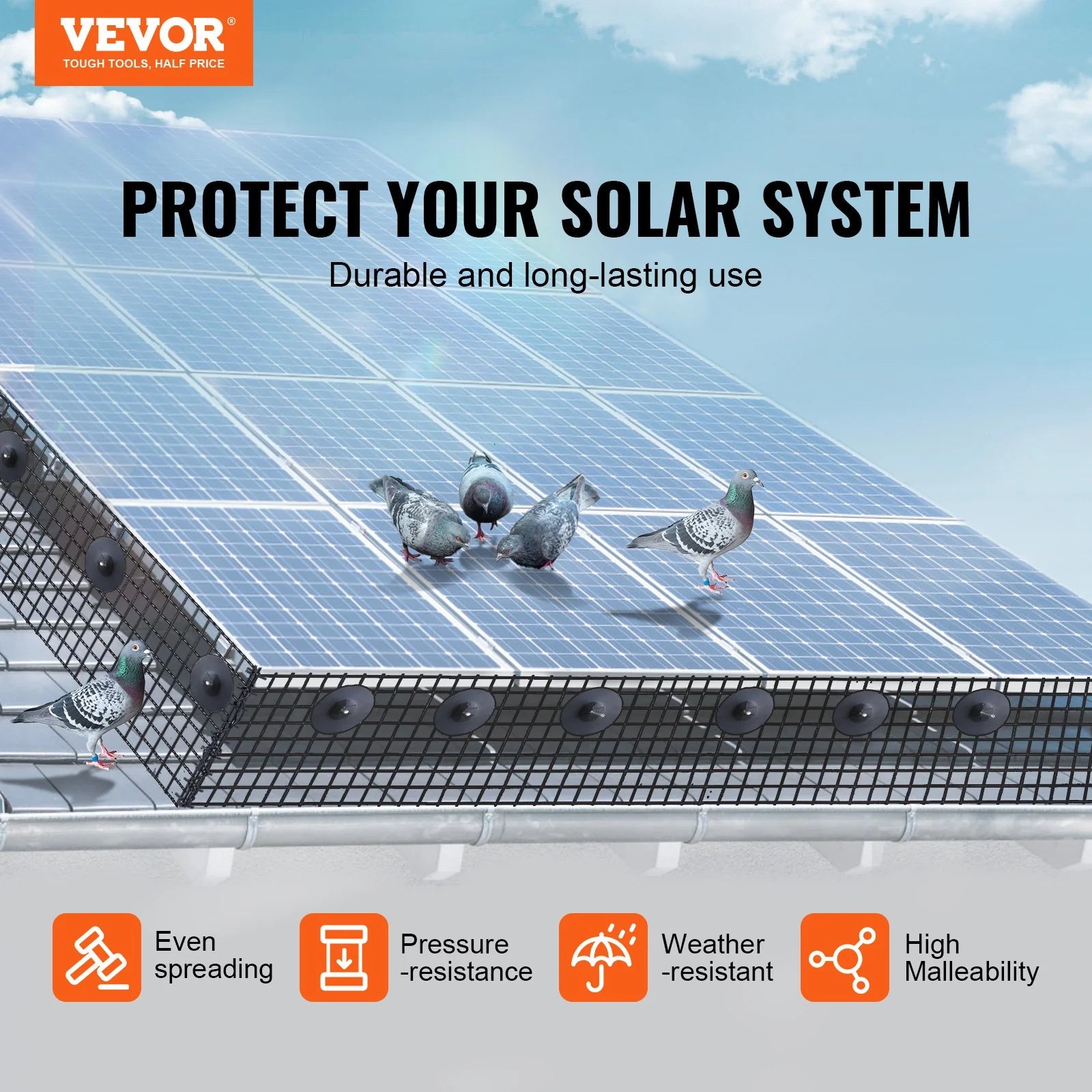 VEVOR 6 Inch X 100Ft Solar Panel Bird Guard, Critter Guard Roll Kit with 100Pcs Stainless Steel Fasteners, Solar Panel Guard with Rust-Proof PVC Coating, 1/2 Inch Wire Roll Mesh