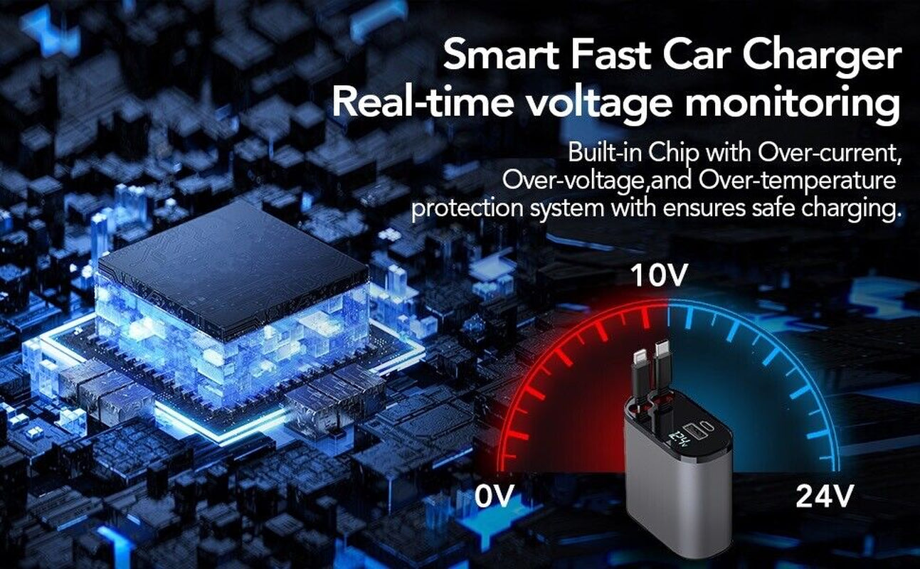 4 in 1 Retractable Car Charger Cable Dual Port USB-C PD Fast Charging Adapter