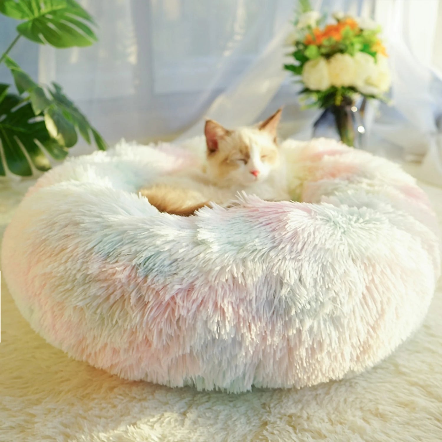Round Plush Pet Bed for Dogs &amp; Cats,Fluffy Soft Warm Calming Dog Bed Sleeping Kennel Nest,23.6 X 23.6 X 8&quot;
