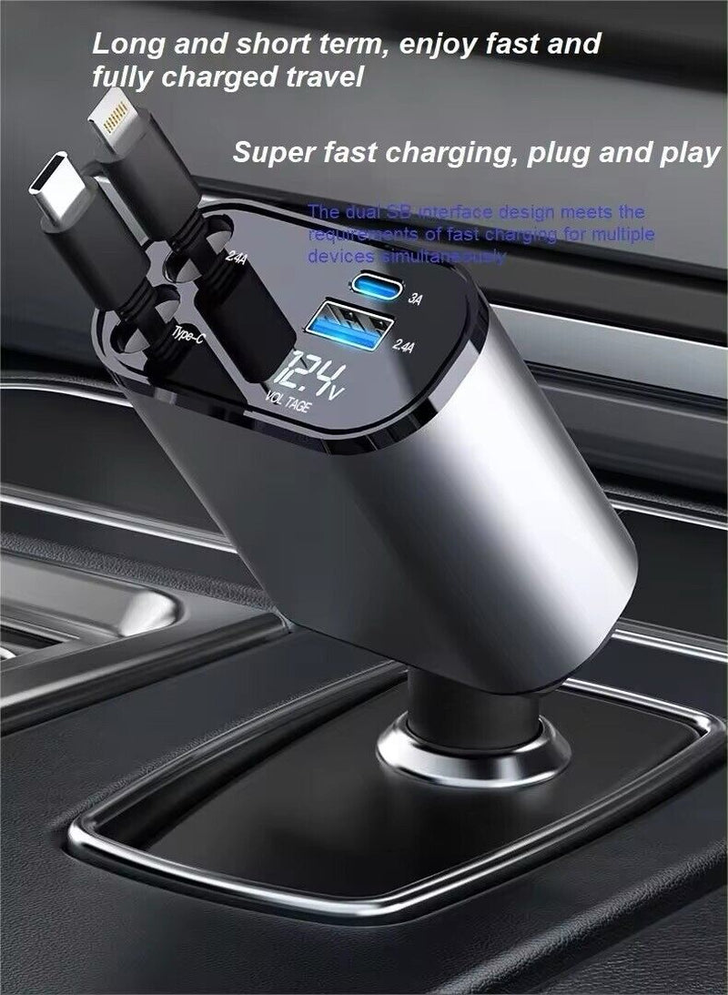 4 in 1 Retractable Car Charger Cable Dual Port USB-C PD Fast Charging Adapter