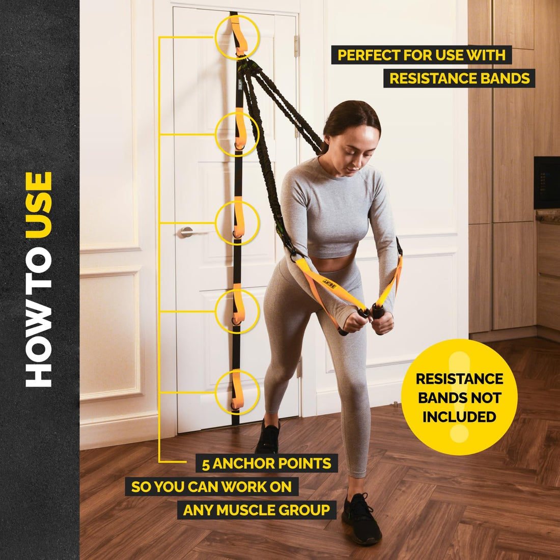 Adjustable Resistance Band Anchor - Door Anchor with 5 Loops &amp; Metal Rings, Durable Nylon Strap for Full-Body Workouts